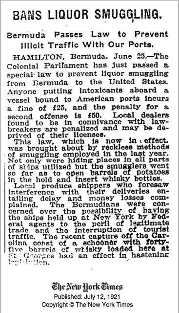 1921 Bermuda liquor ban to USA